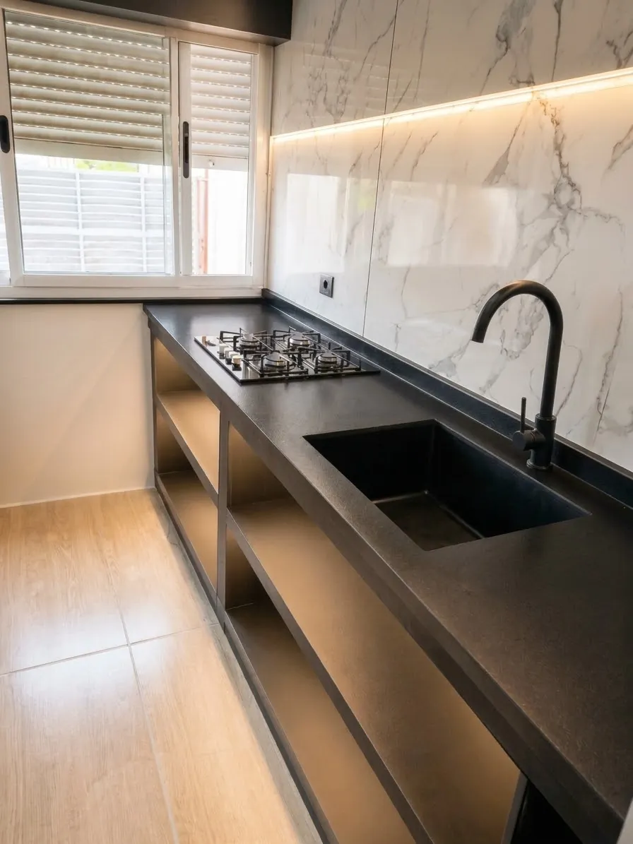 Cocina terminada con mesada negra, hornallas, grifería negra y revestimiento símil mármol